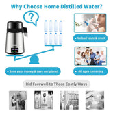 1.1 Gal Water Distiller, 0.3 Gal/H, 750W Distilled Water Maker Machine 0-99H Timing Set Temp Display, 304 Stainless Steel Countertop Distiller Glass Carafe Cleaning Powder 3 Carbon Packs, Silver